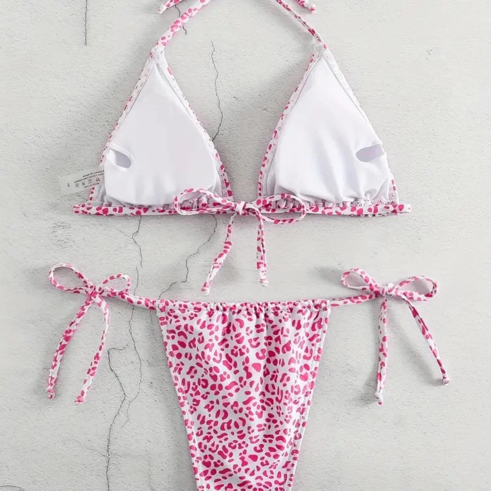 2 Piece Swimsuit, Halter Tide Side Triangle Bikini, Spaghetti Strap - Pink